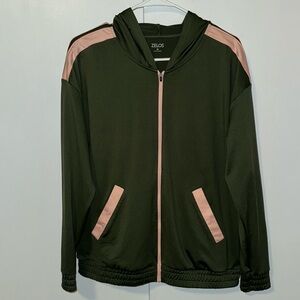 Zelos | Green & Pink Stripe Hooded Zip Up Track Jacket Women’s M Medium